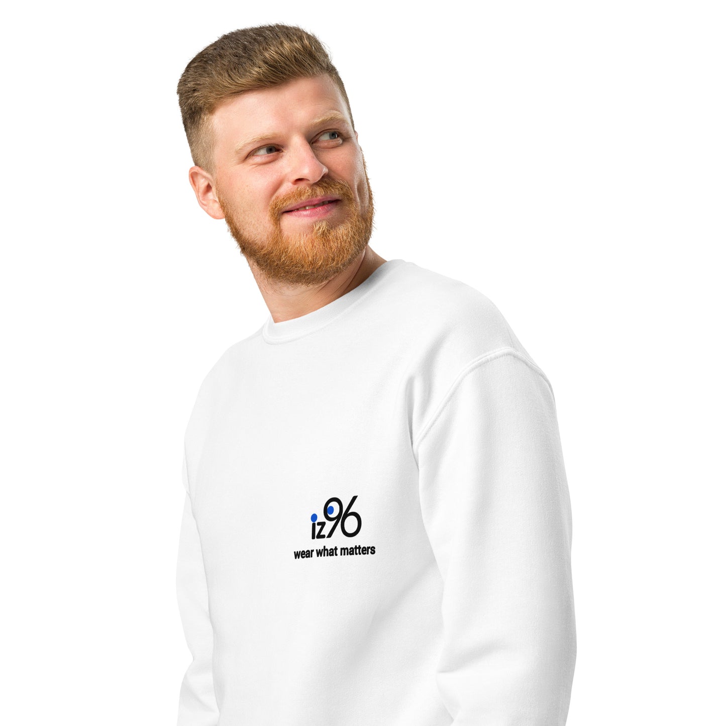 Man wearing a white sweatshirt with a logo and text on a white background