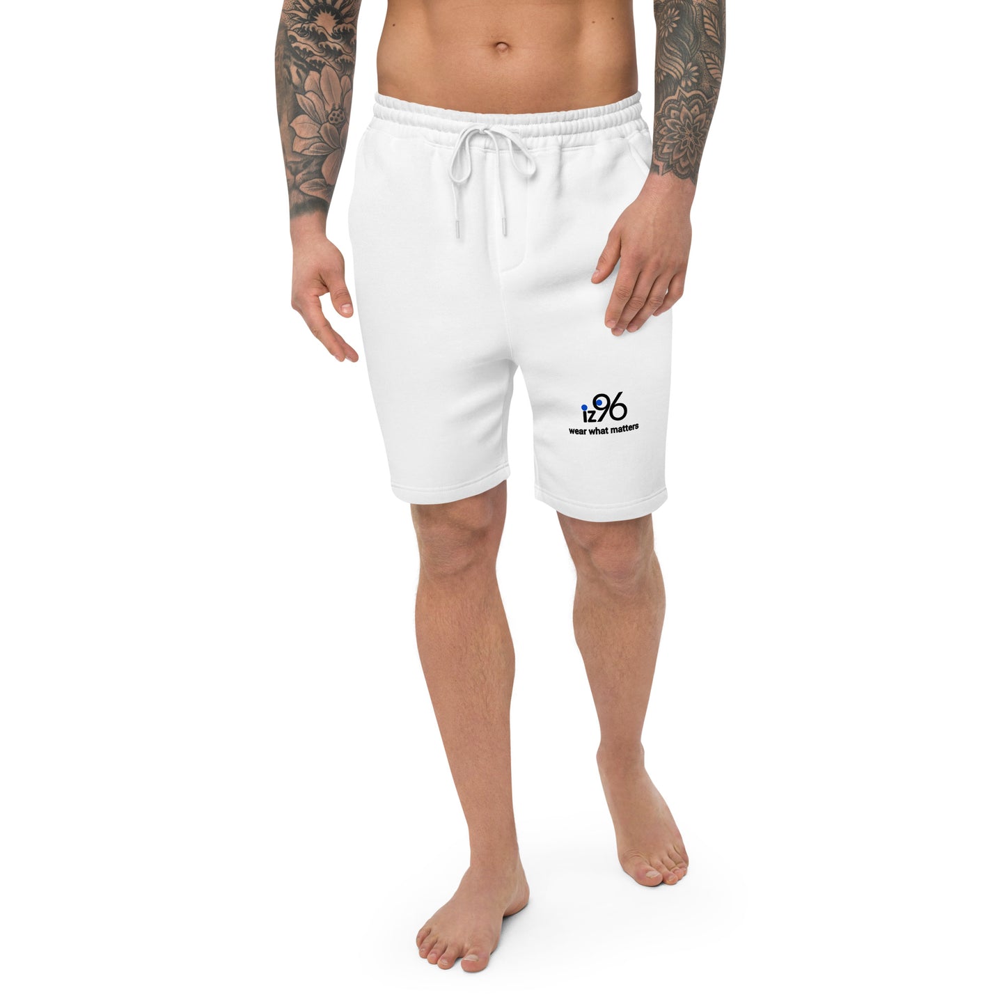 Person wearing white shorts with 'wear what matters' text on a white background