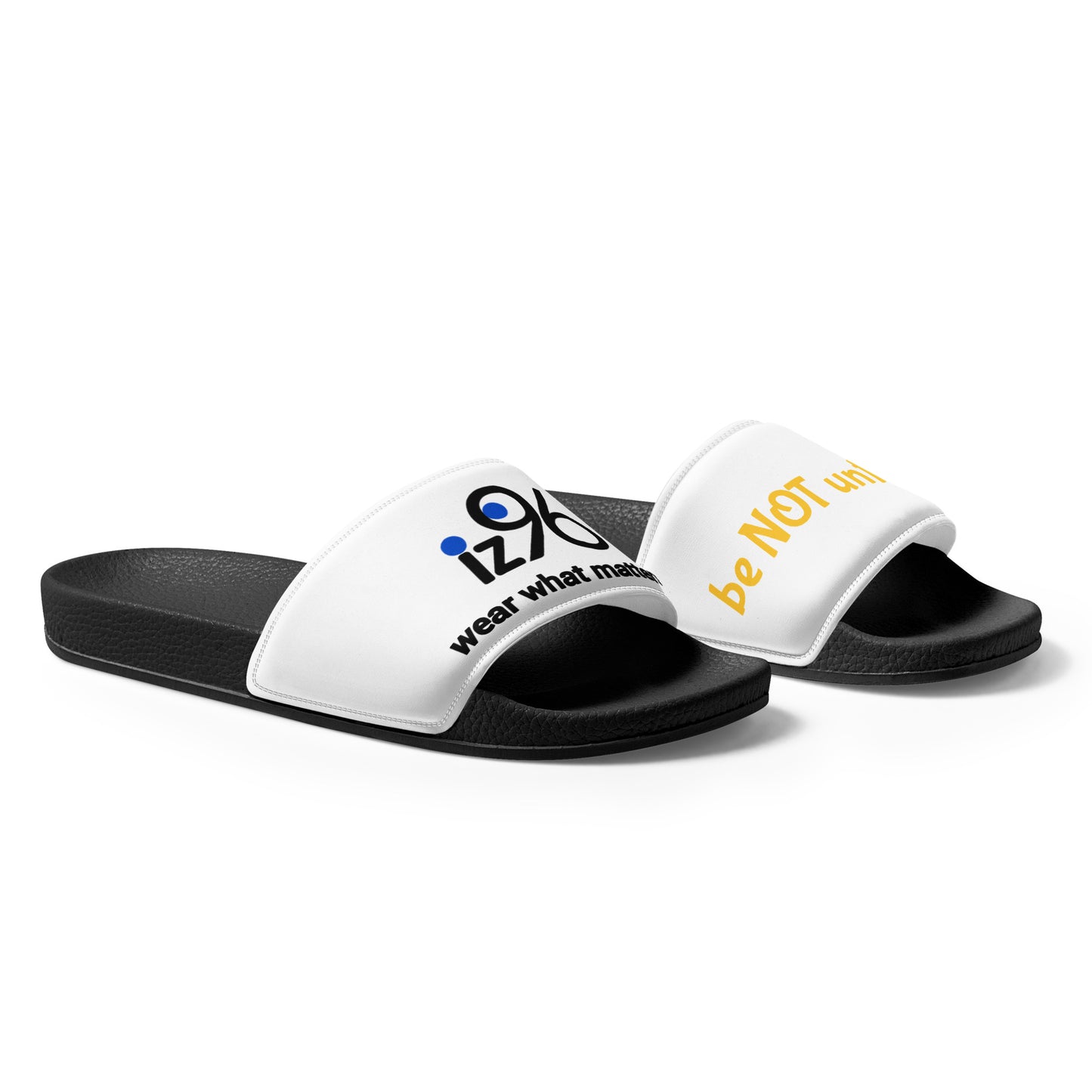 White slides with black soles featuring text and logos on a white background