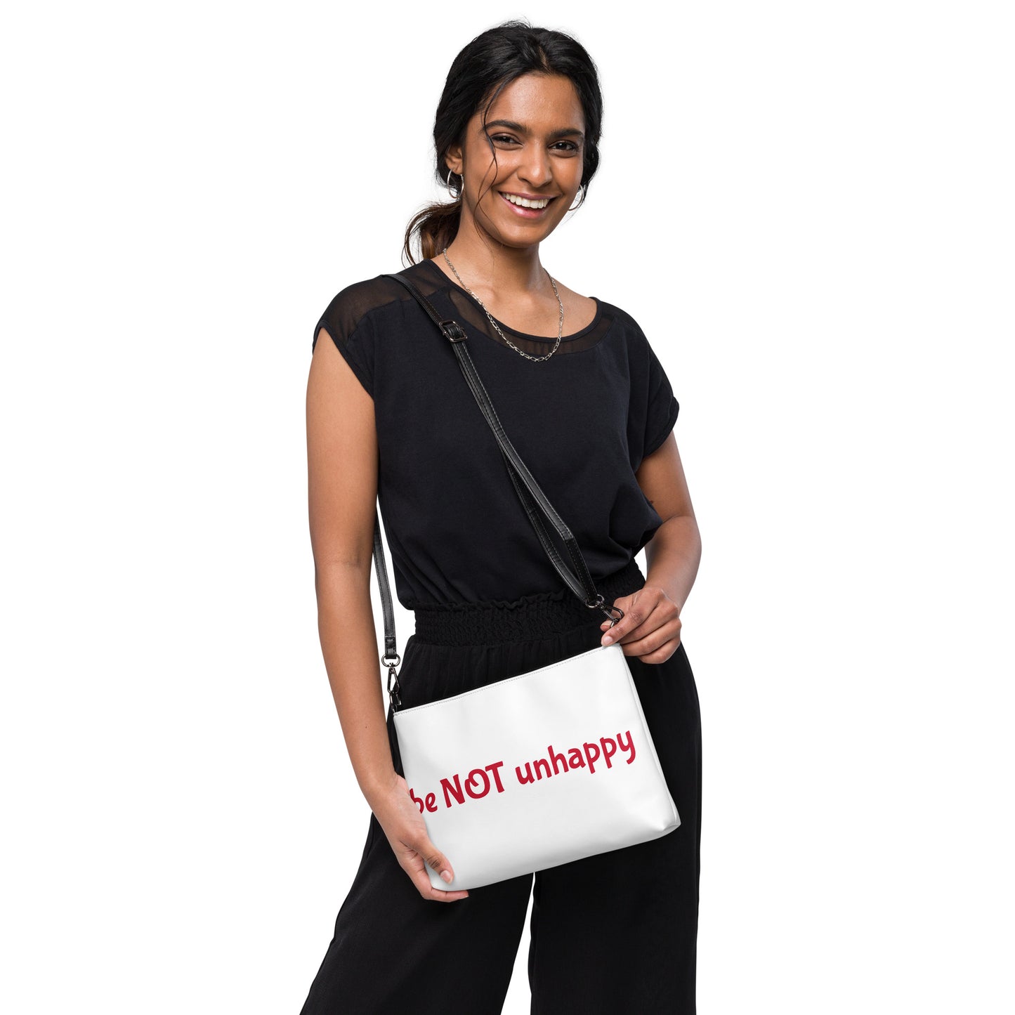 Woman holding a white bag with 'Be NOT unhappy' text on a white background