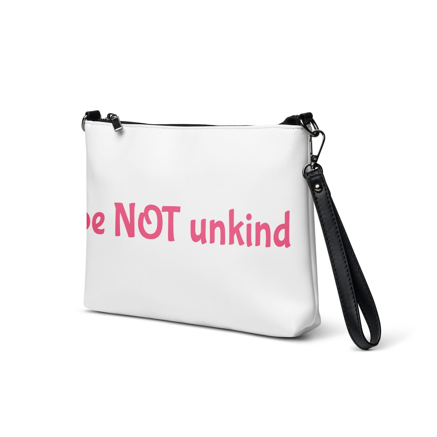 White pouch with pink text 'Be NOT unkind' on a white background