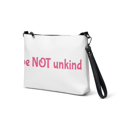 White pouch with pink text 'Be NOT unkind' on a white background