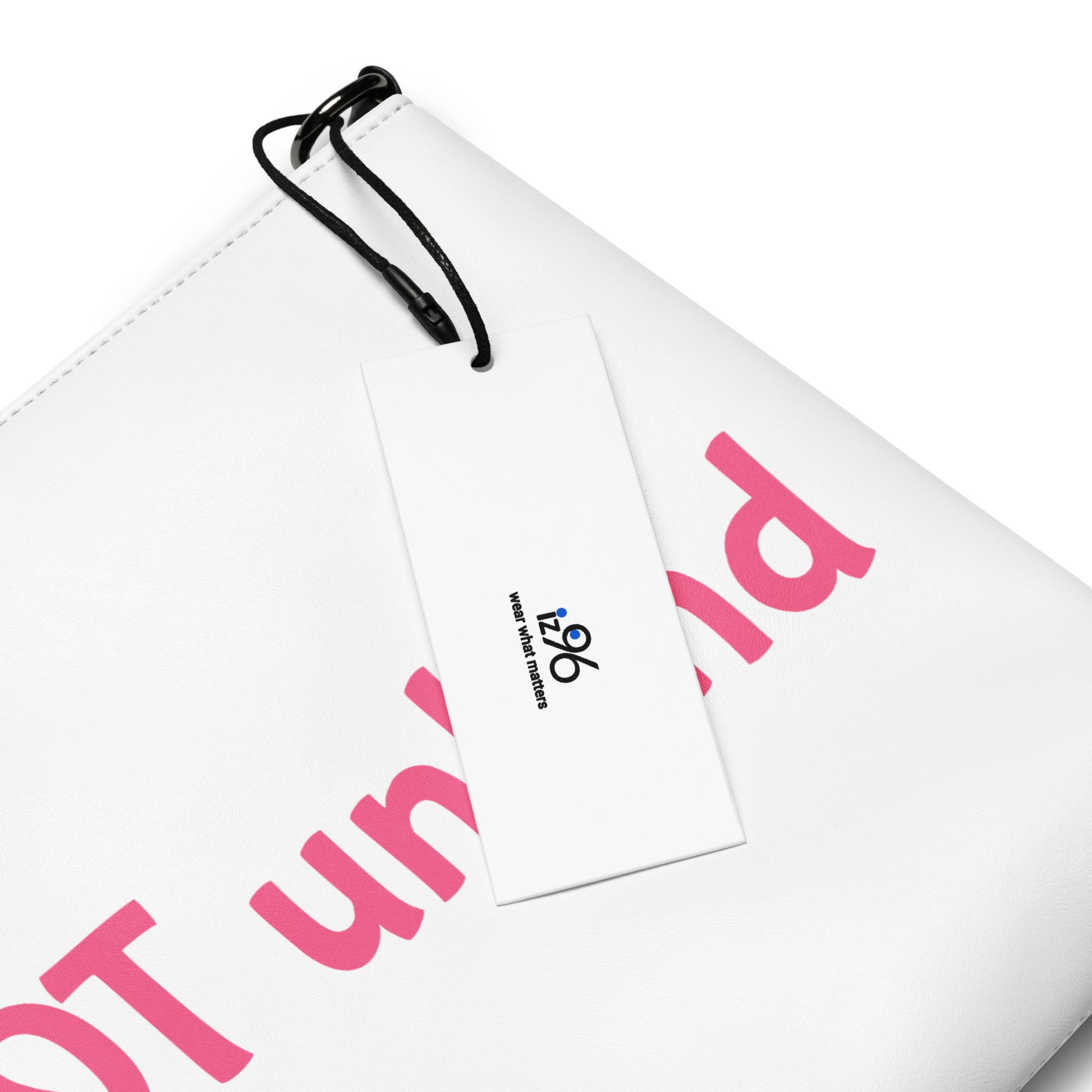 White pouch with pink text and a black drawstring on a white background