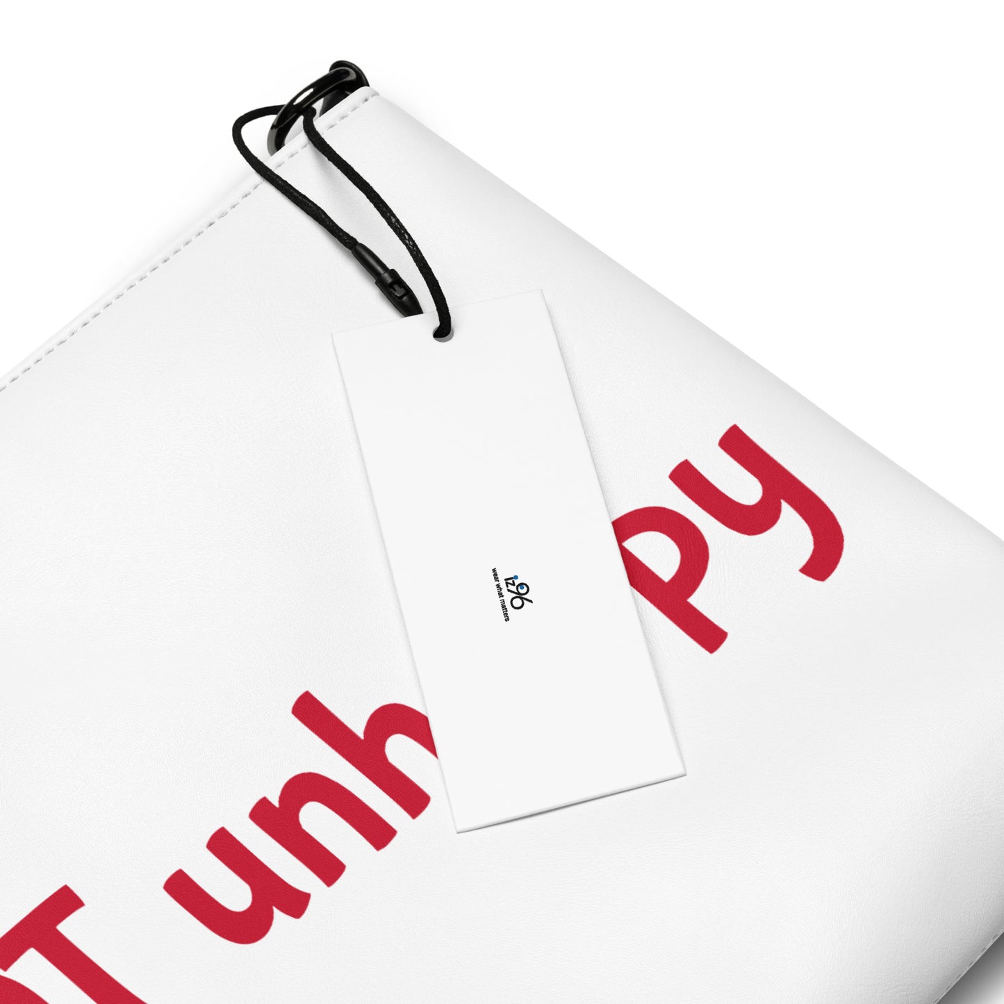 White pouch with red text and a black strap on a white background