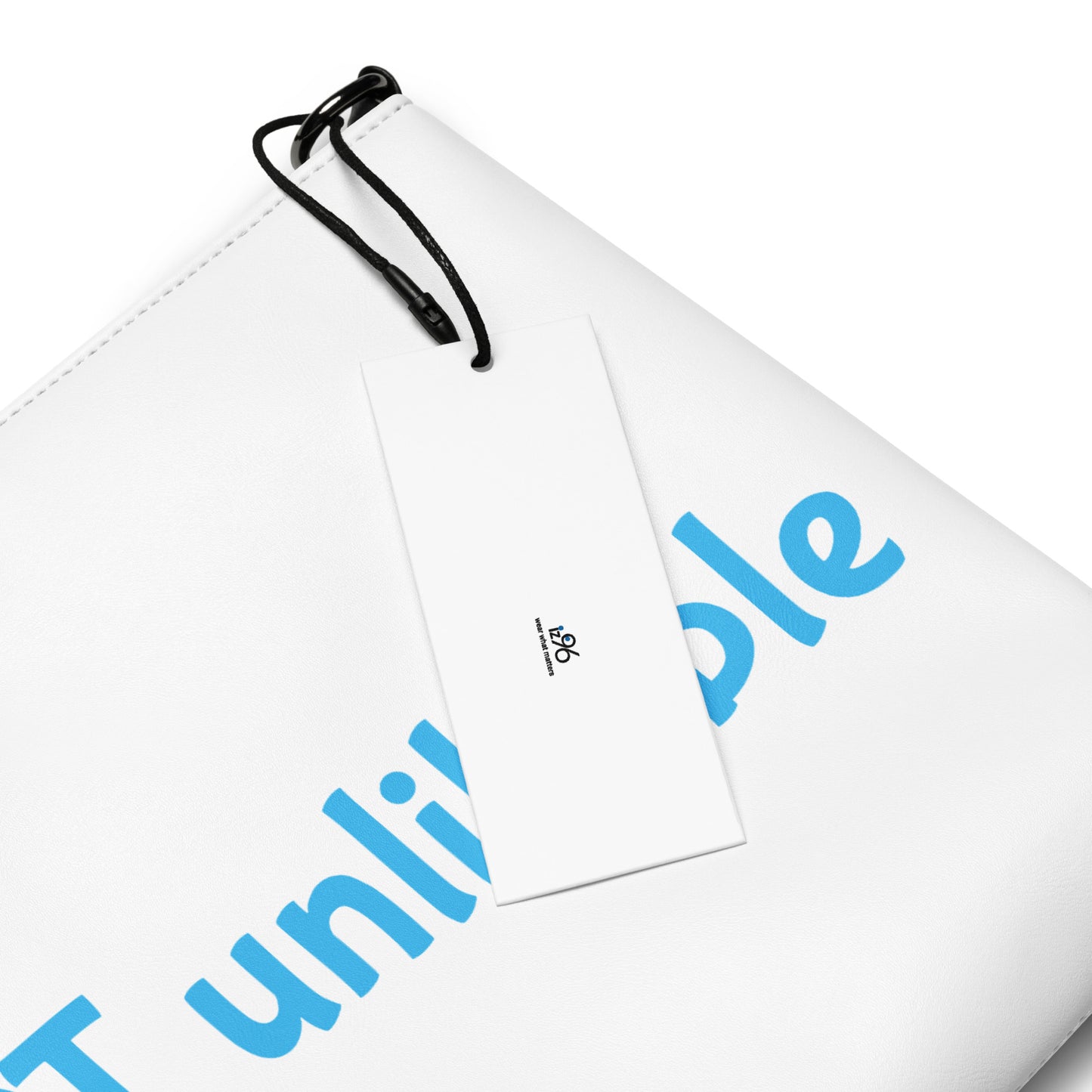 White pouch with 'iz96 wear what matters' branding on a white background