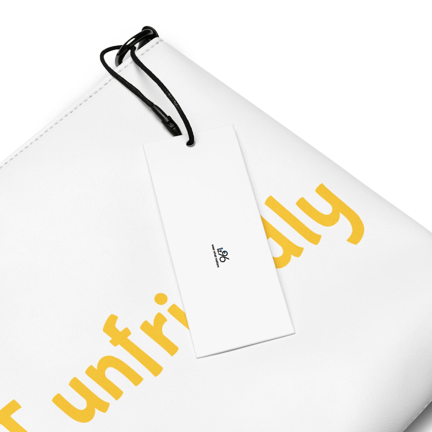 White pouch with yellow text 'be not unfriendly' and a black drawstring on a white background