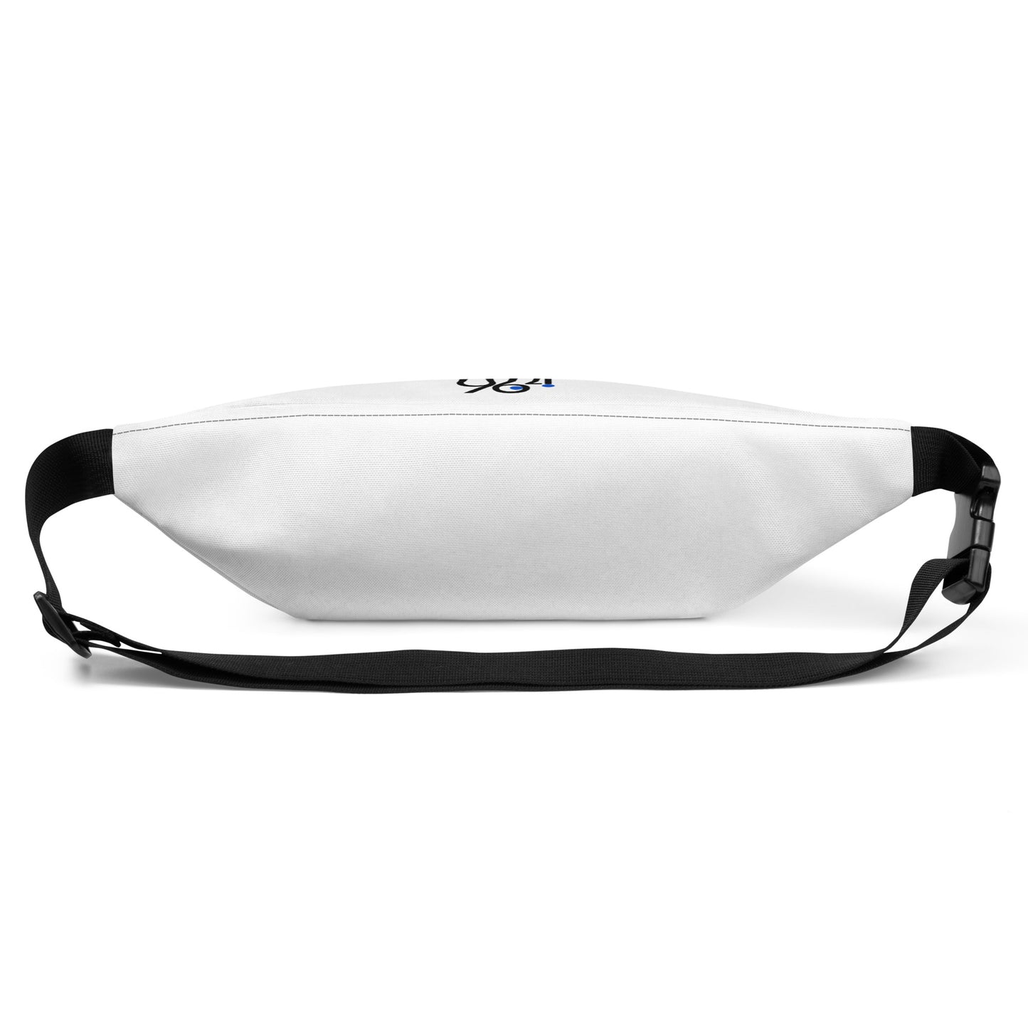 White waist bag with black strap on a white background