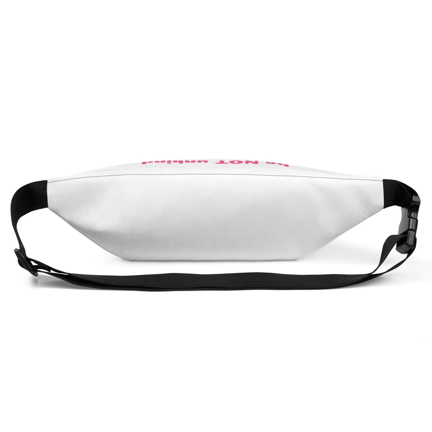 White waist bag with black strap on a white background