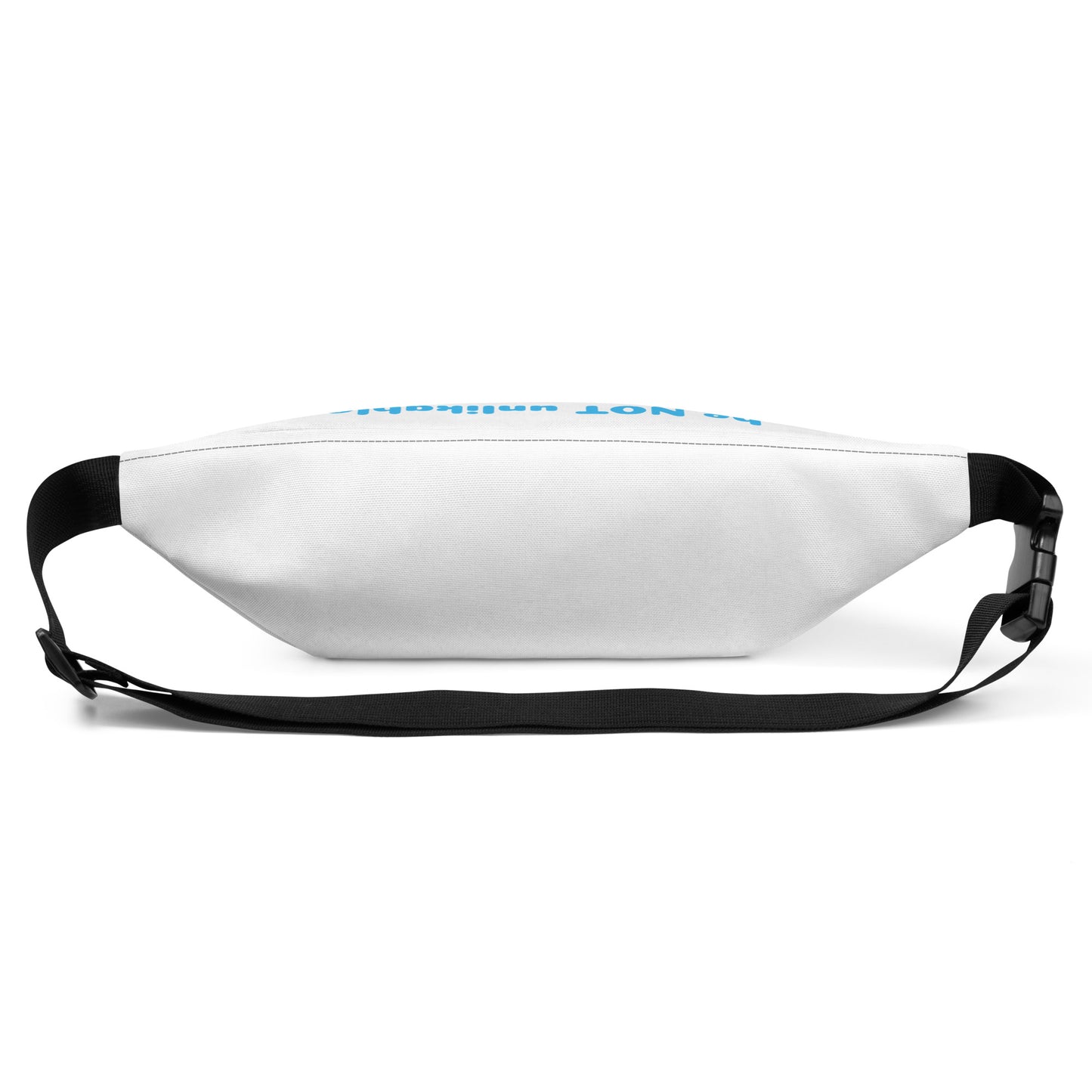 White waist bag with black strap on a white background