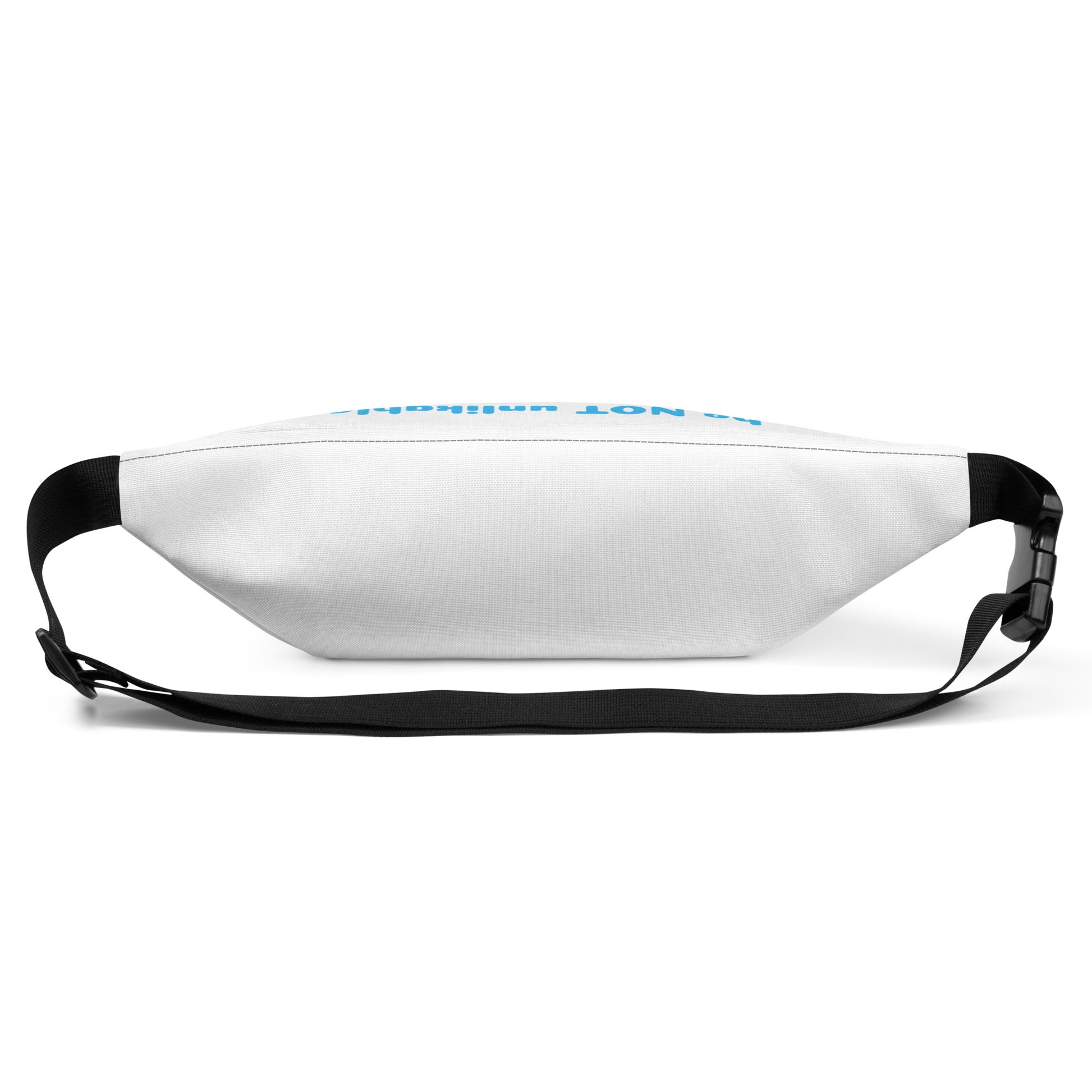 White waist bag with black strap on a white background
