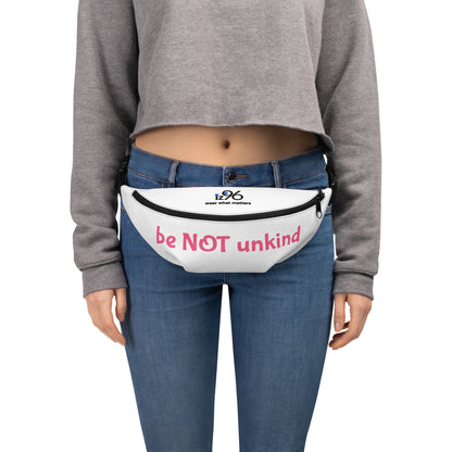 Person wearing a white fanny pack with 'be NOT unkind' text, gray sweatshirt, and blue jeans on a white background.