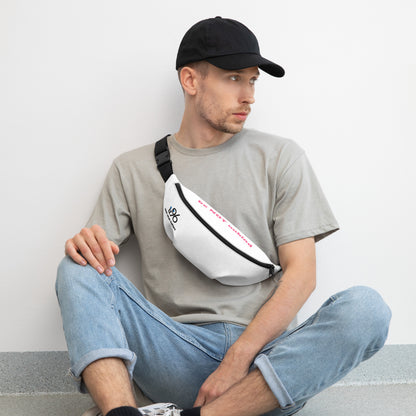 Man sitting with a white waist bag featuring colorful logos on a light gray background