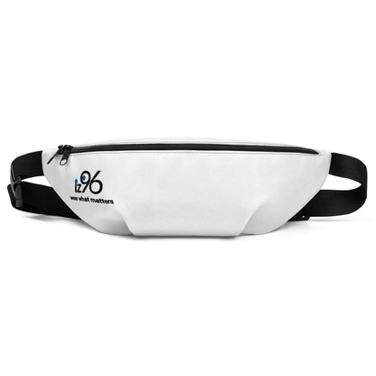 White fanny pack with black strap on a white background