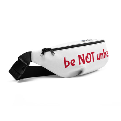 White bag with 'be NOT unhappy' text on a white background