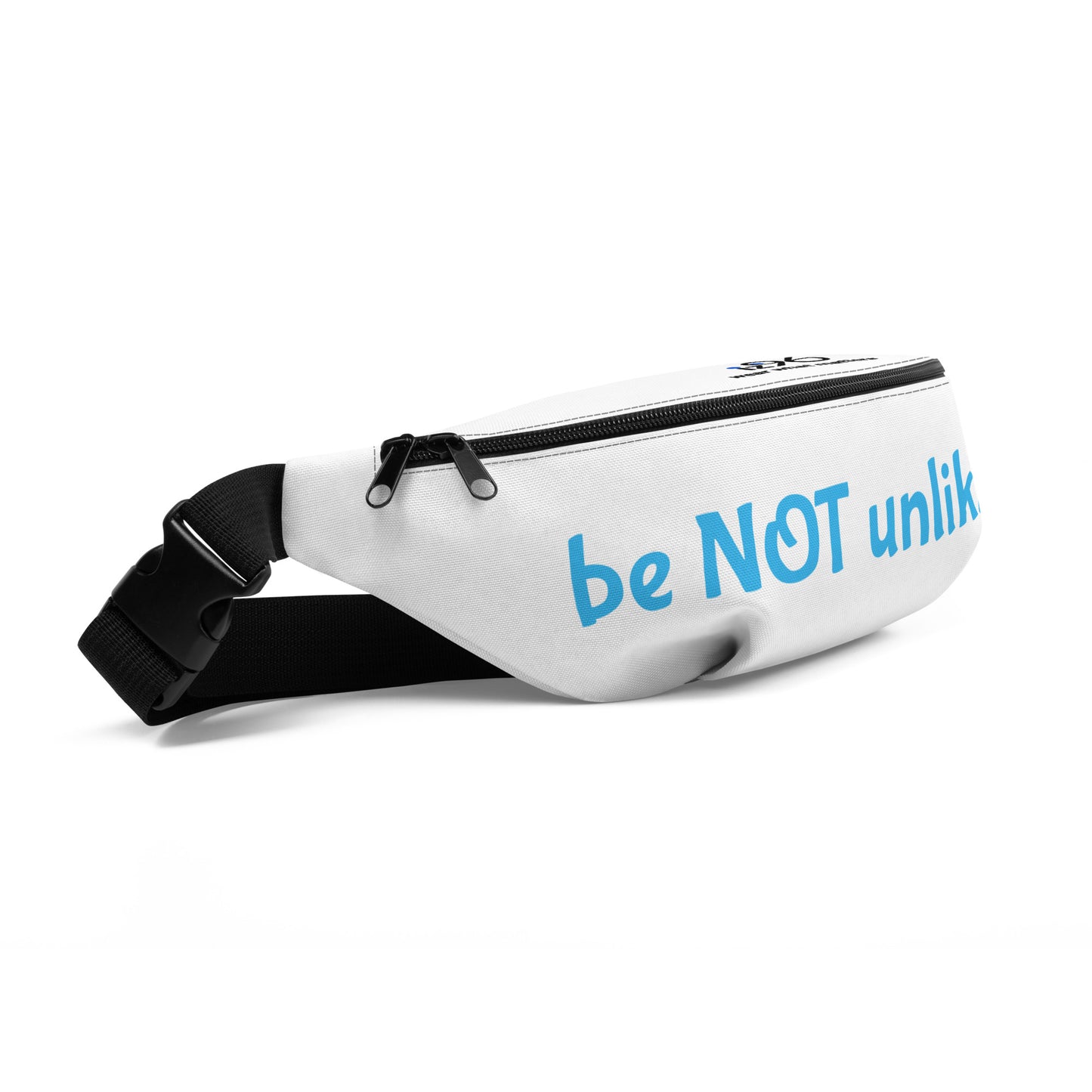 White fanny pack with blue text 'be NOT unlikable' on a white background