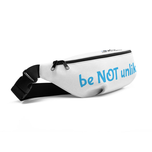 White fanny pack with blue text 'be NOT unlikable' on a white background