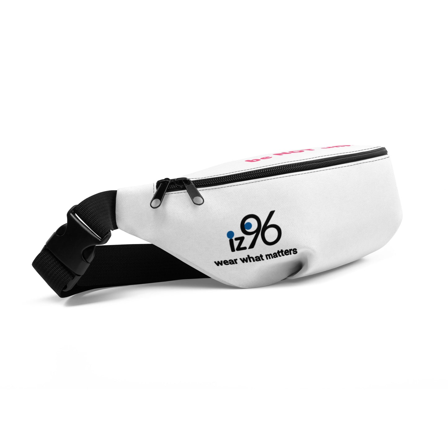 White fanny pack with black strap on a white background