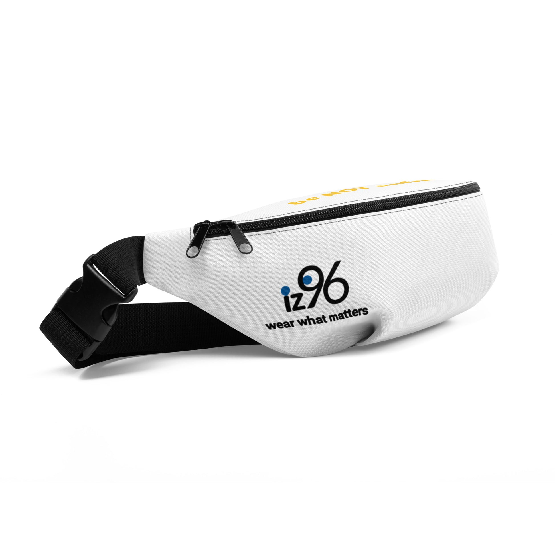 White fanny pack with black strap on a white background