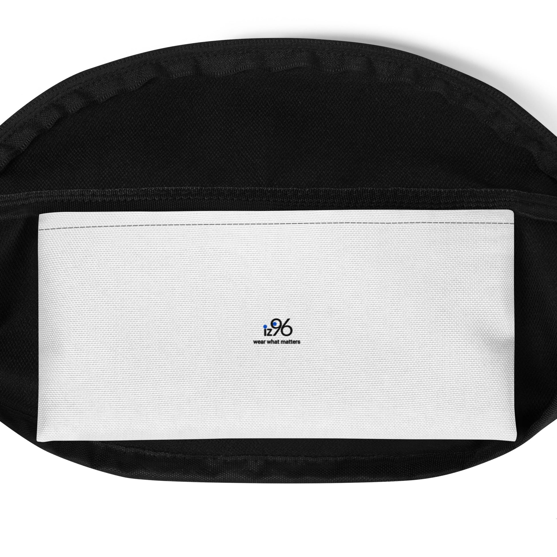 Black bag with a white patch featuring a logo on a white background