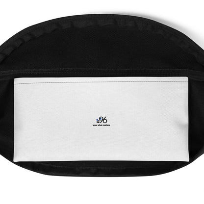 Black bag with a white patch featuring a logo on a white background