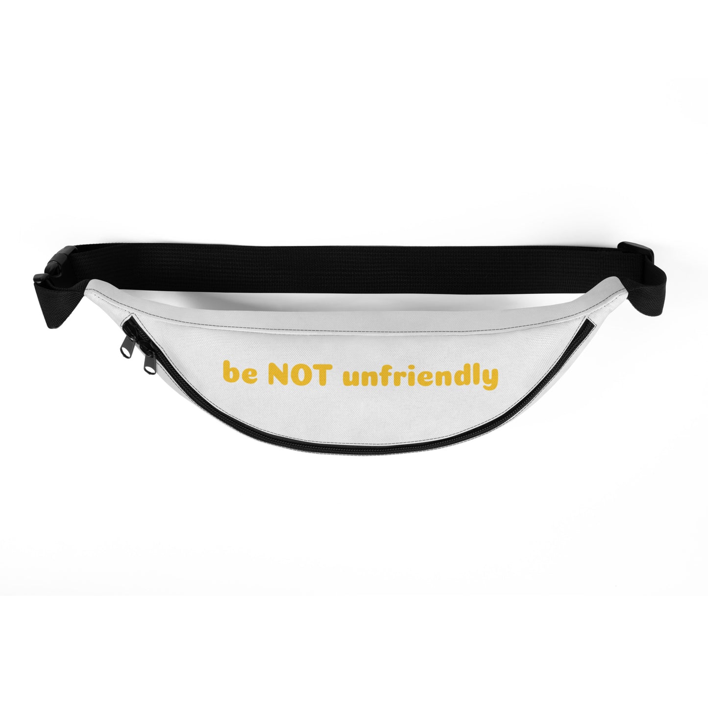 Fanny pack with 'be NOT unfriendly' text on a white background