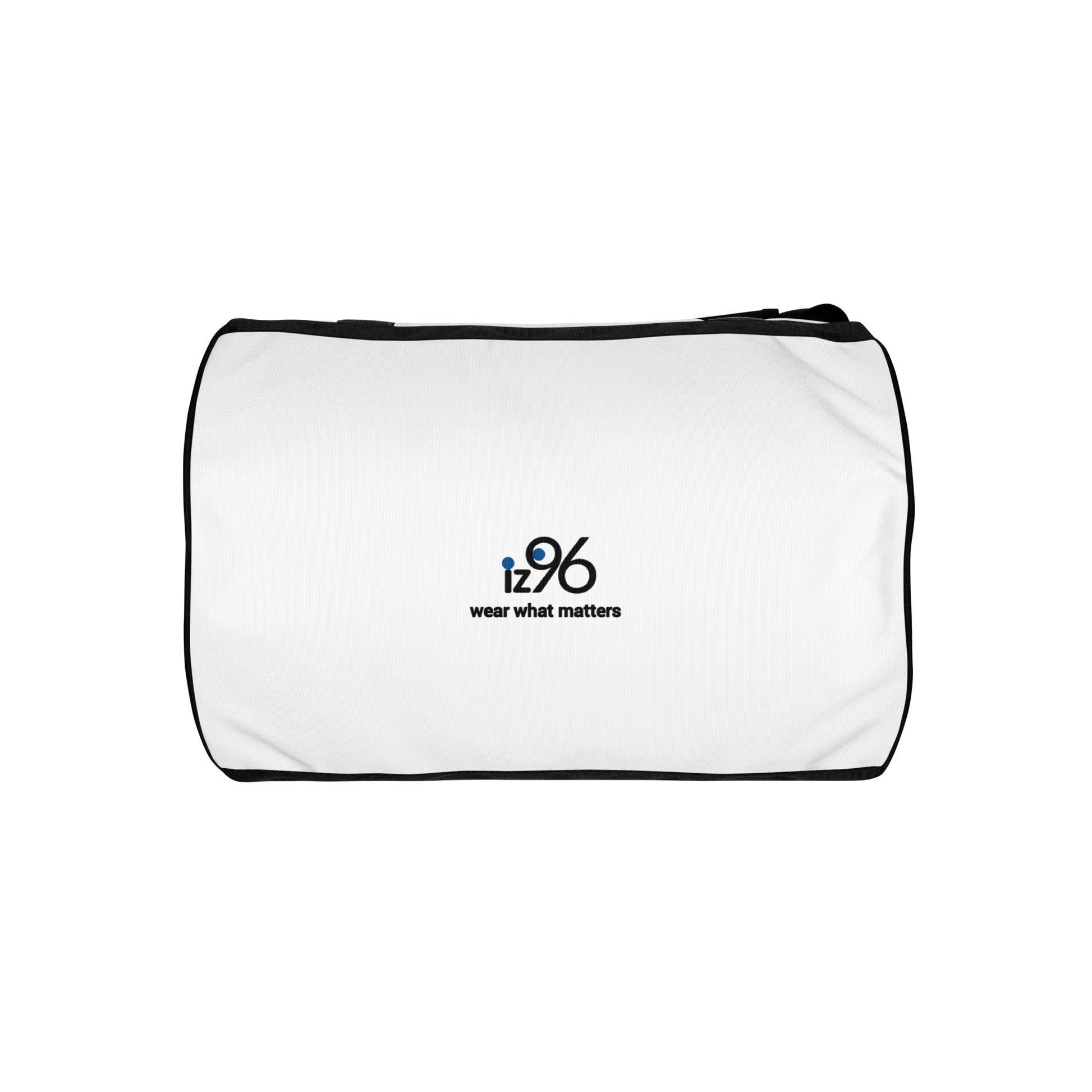 White duffel bag with black straps with logo on a white background