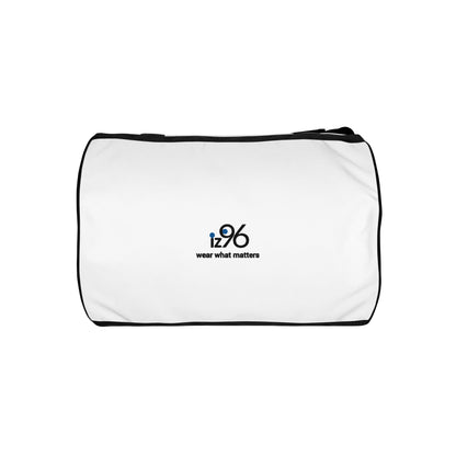 White duffel bag with black straps with logo on a white background
