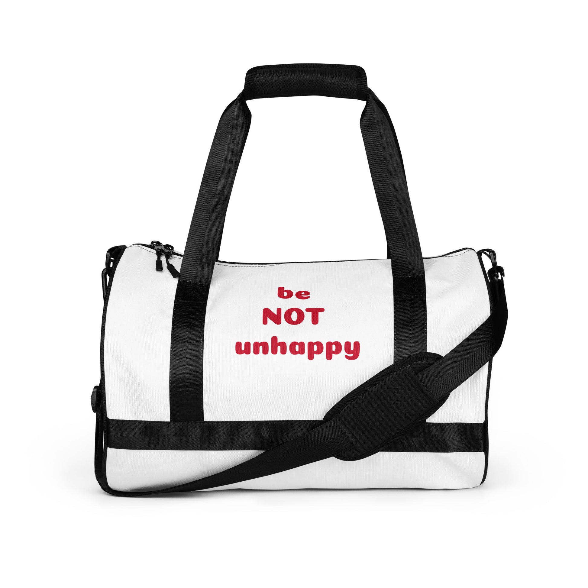 White duffel bag with black straps and red text on a white background