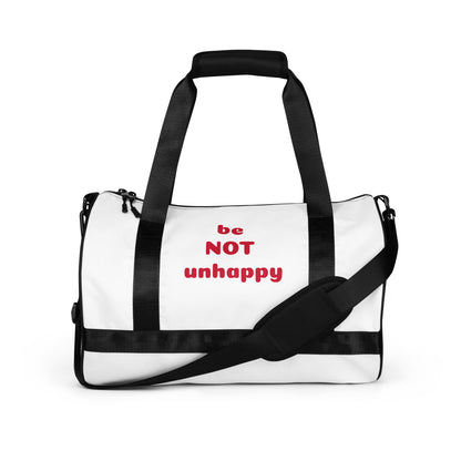 White duffel bag with black straps and red text on a white background