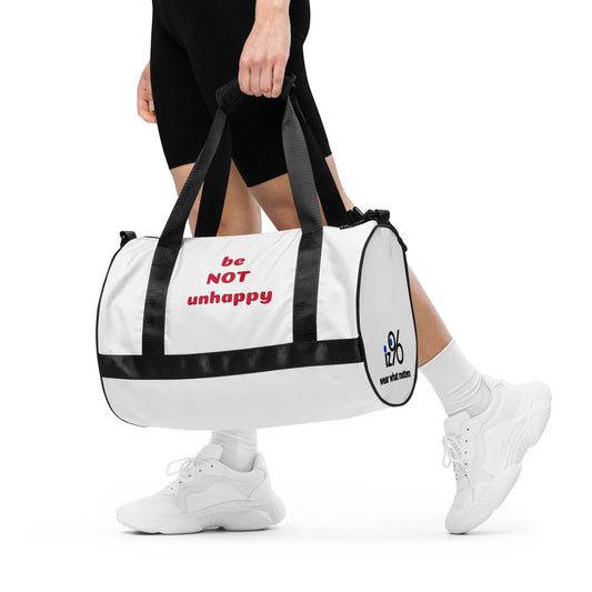 Person holding a white duffel bag with 'iz96' branding on a white background