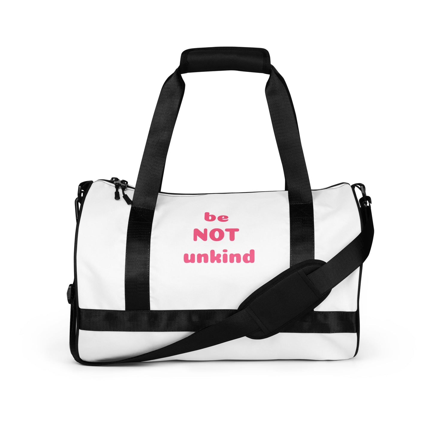 Person holding a white duffel bag with 'be not unkind' text on a white background