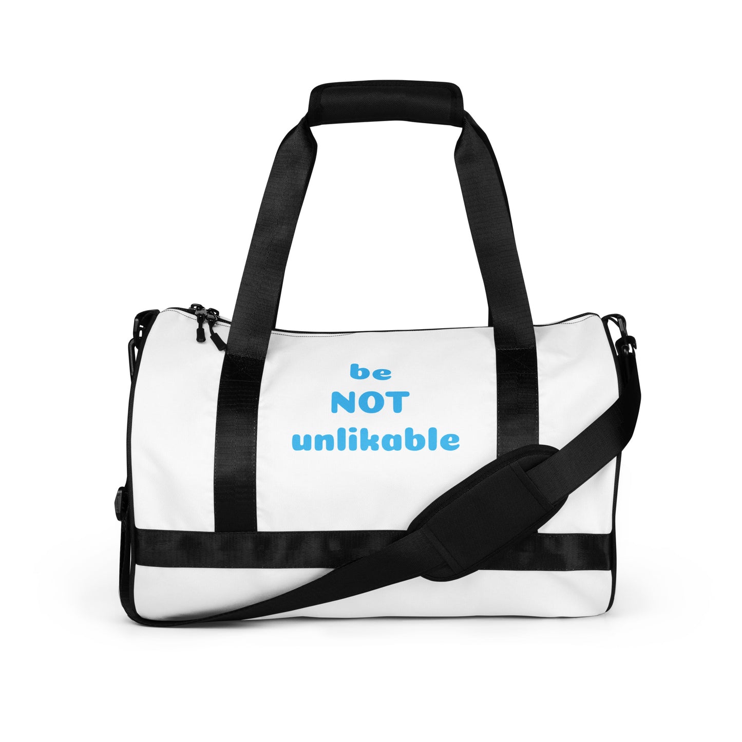 White duffel bag with black straps and blue text on a white background