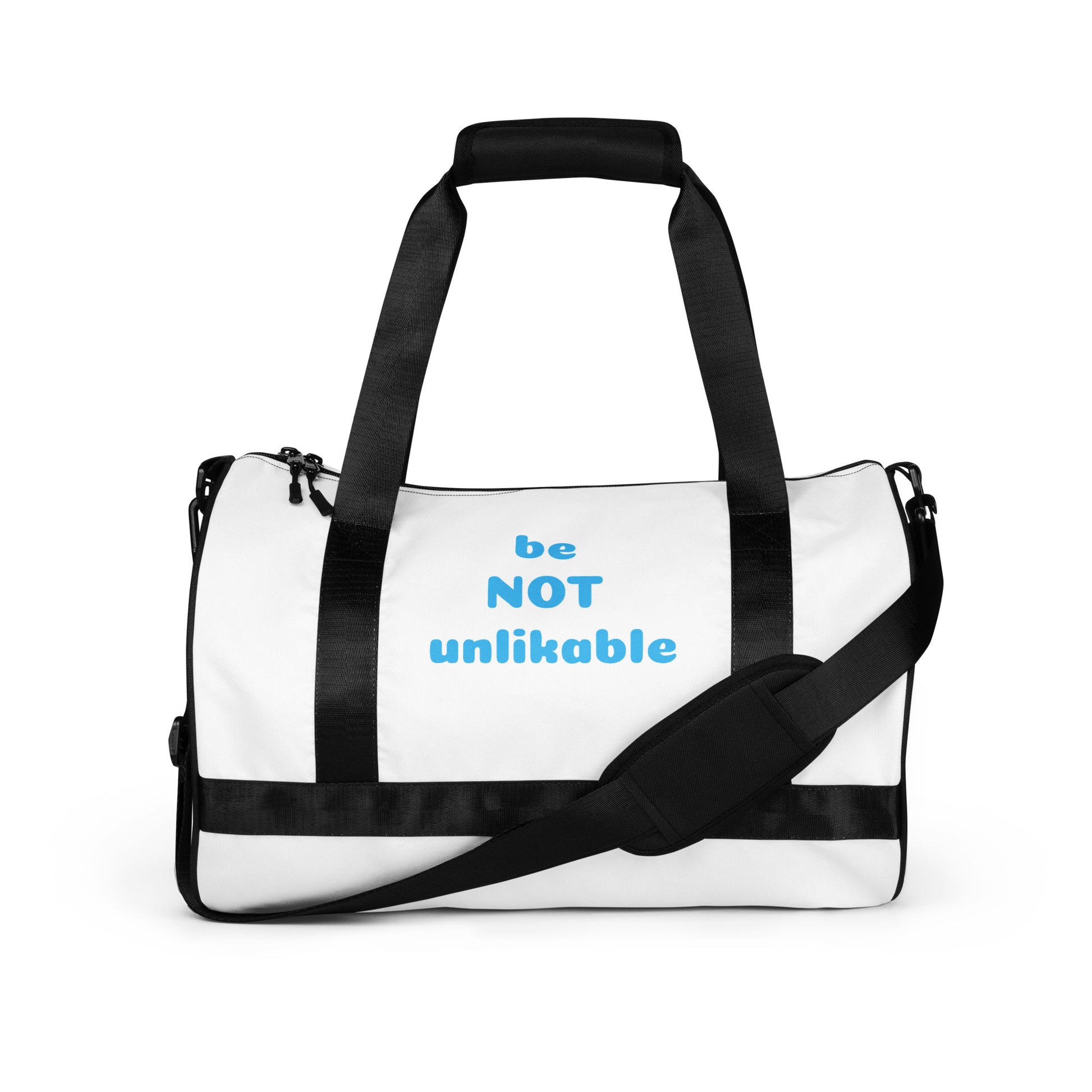 White duffel bag with black straps and blue text on a white background
