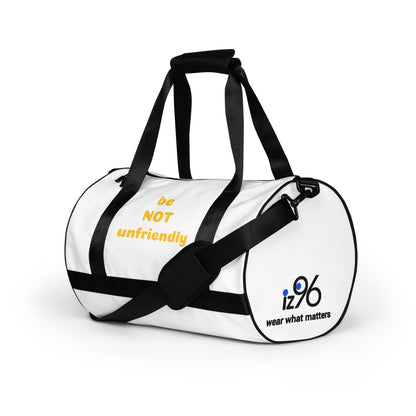 White duffel bag with black straps featuring text and a logo on a white background