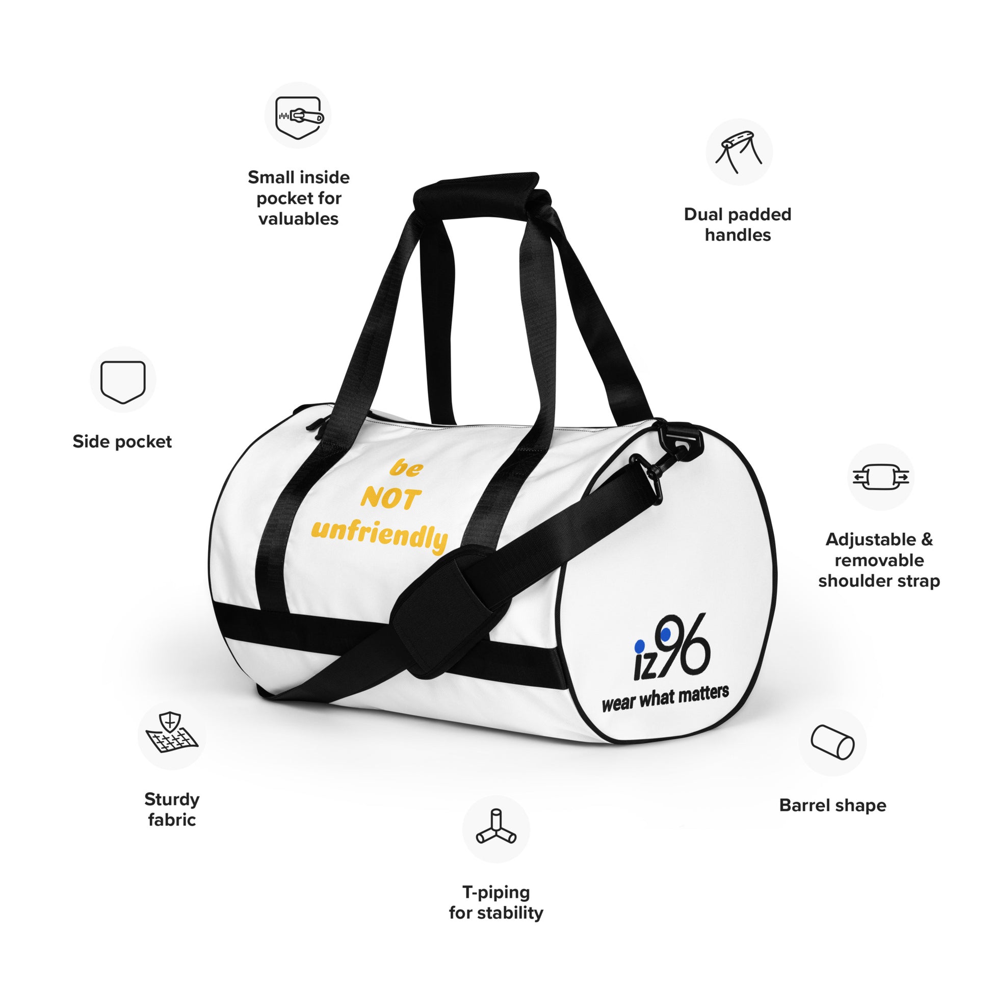 White duffel bag with black straps and text on a white background