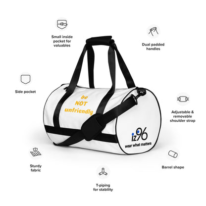White duffel bag with black straps and text on a white background