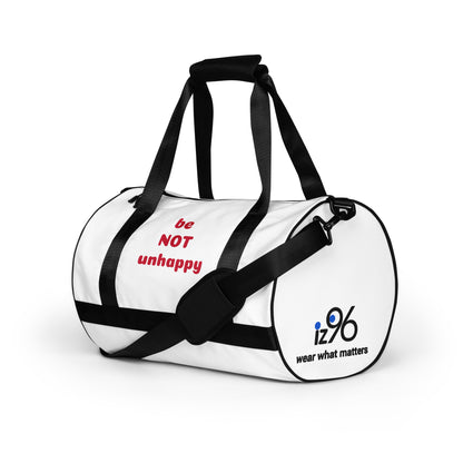 Person holding a white duffel bag with 'iz96' branding on a white background