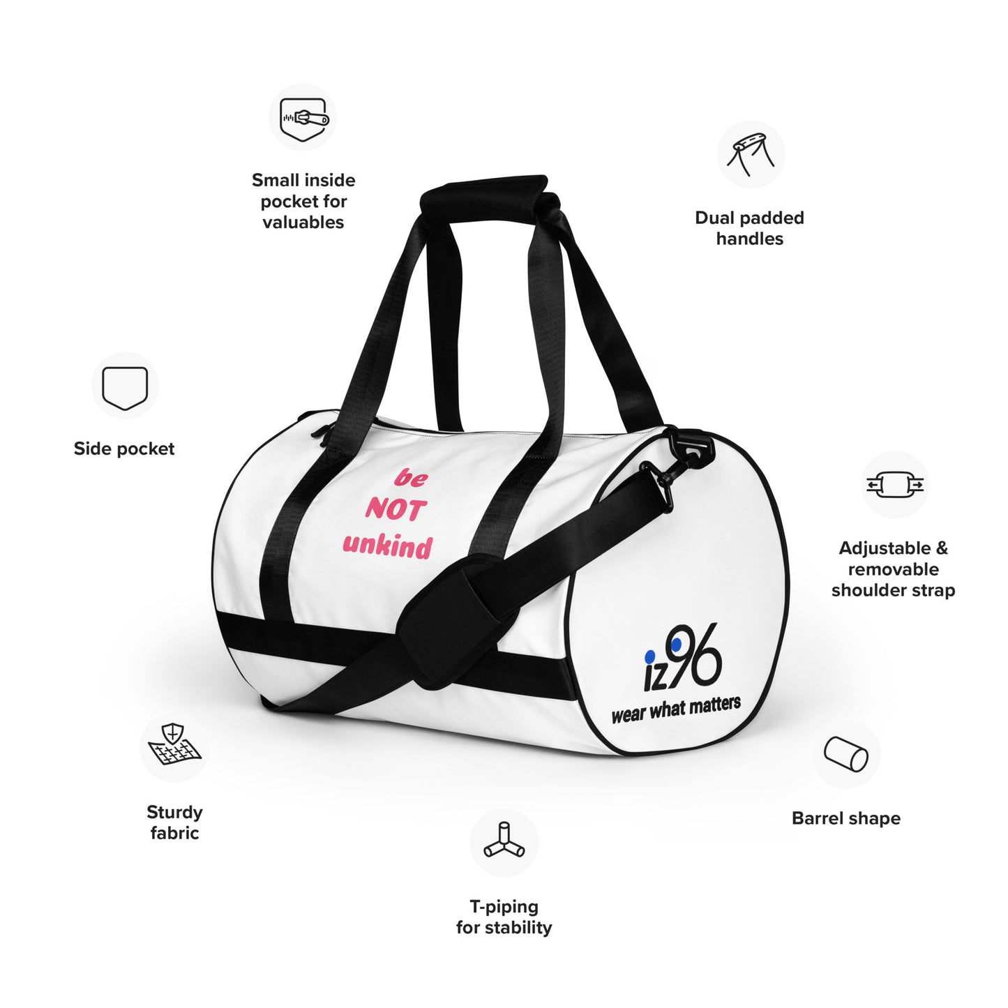 Person holding a white duffel bag with 'iz96 wear what matters' branding on a white background