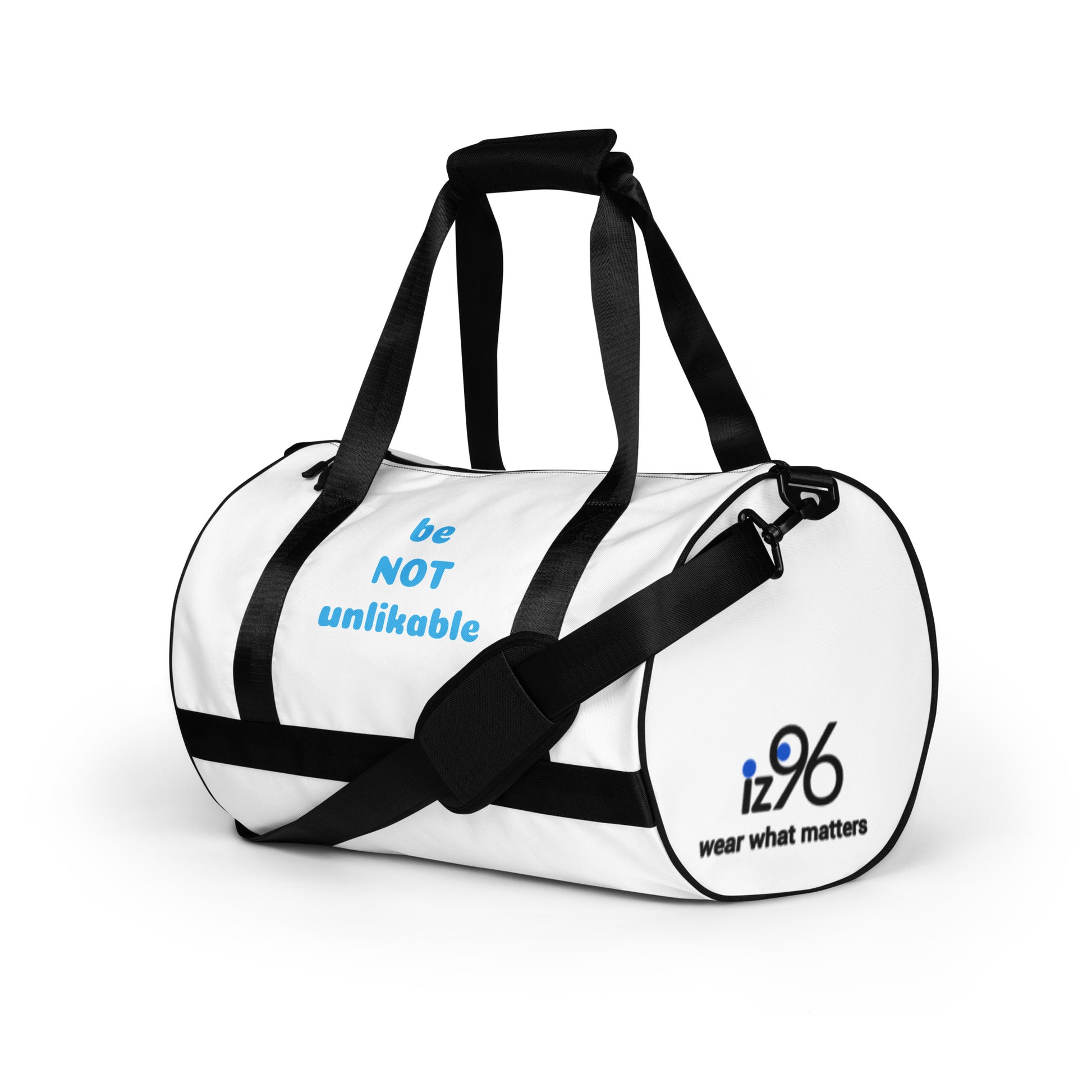 White duffel bag with black straps with 'iz96 wear what matters' logo on a white background