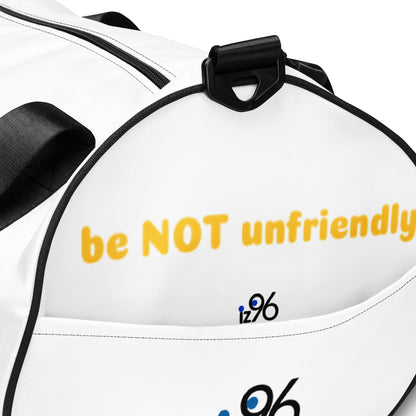 Person holding a white duffel bag with 'iz96' branding on a white background
