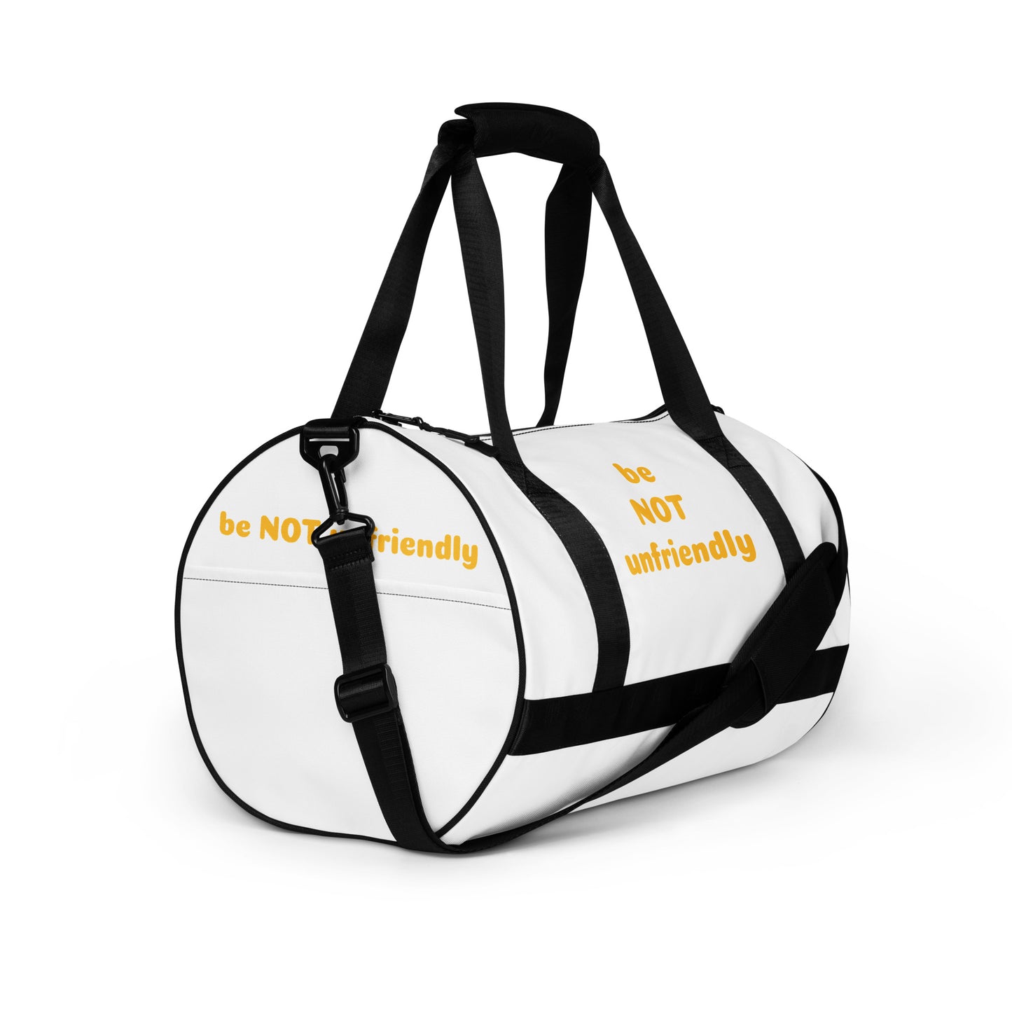White duffel bag with black straps and yellow branding on a white background