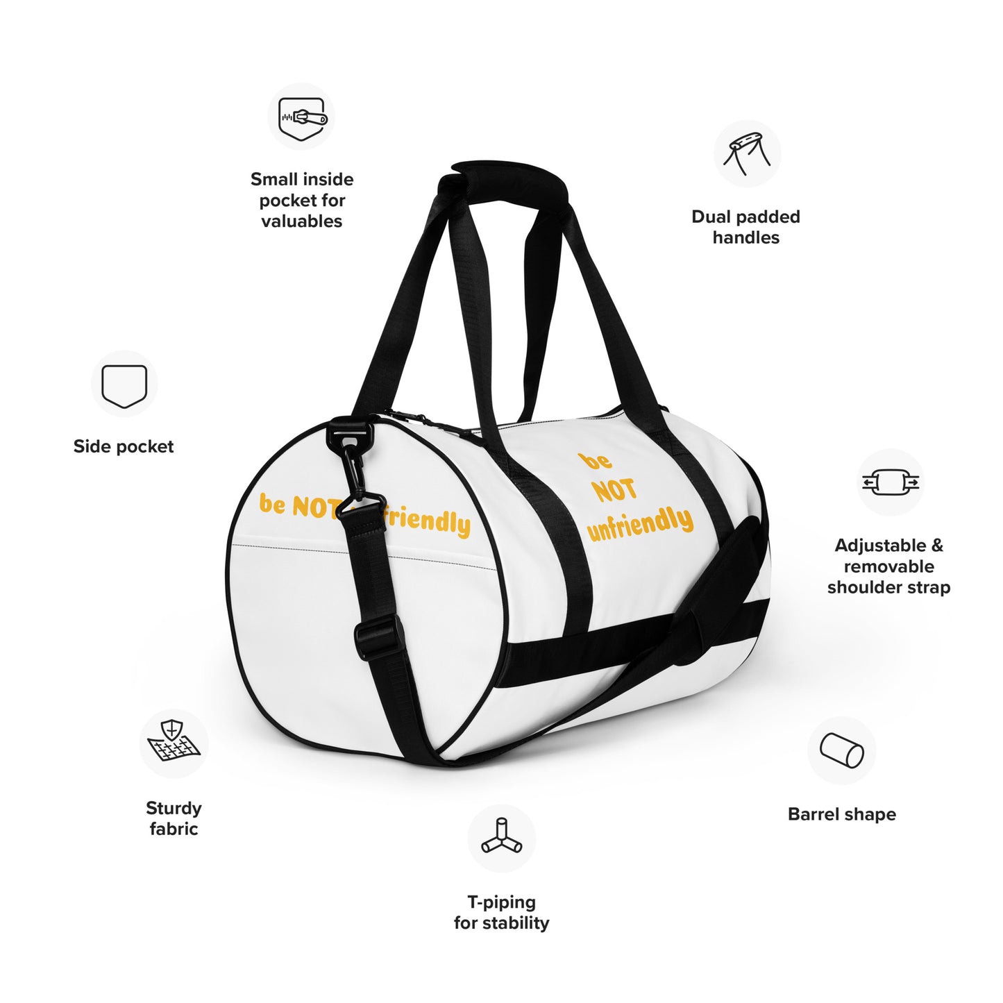 White duffel bag with black accents on a white background, featuring text labels about bag features.