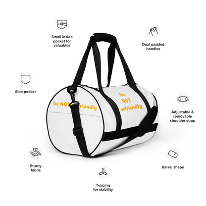 White duffel bag with black accents on a white background, featuring text labels about bag features.