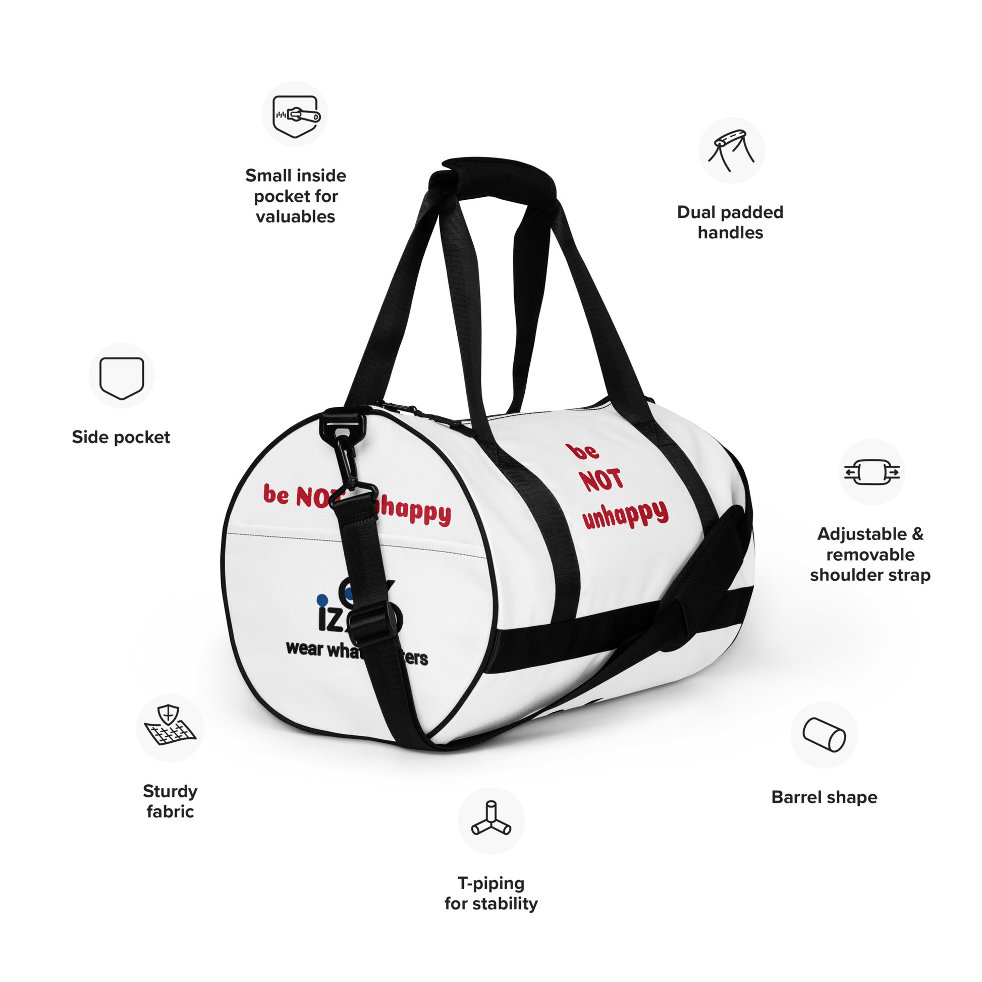 White duffel bag with black accents on a white background, featuring text labels about bag features.