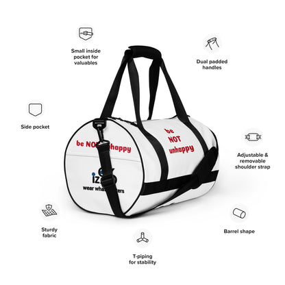 White duffel bag with black accents on a white background, featuring text labels about bag features.
