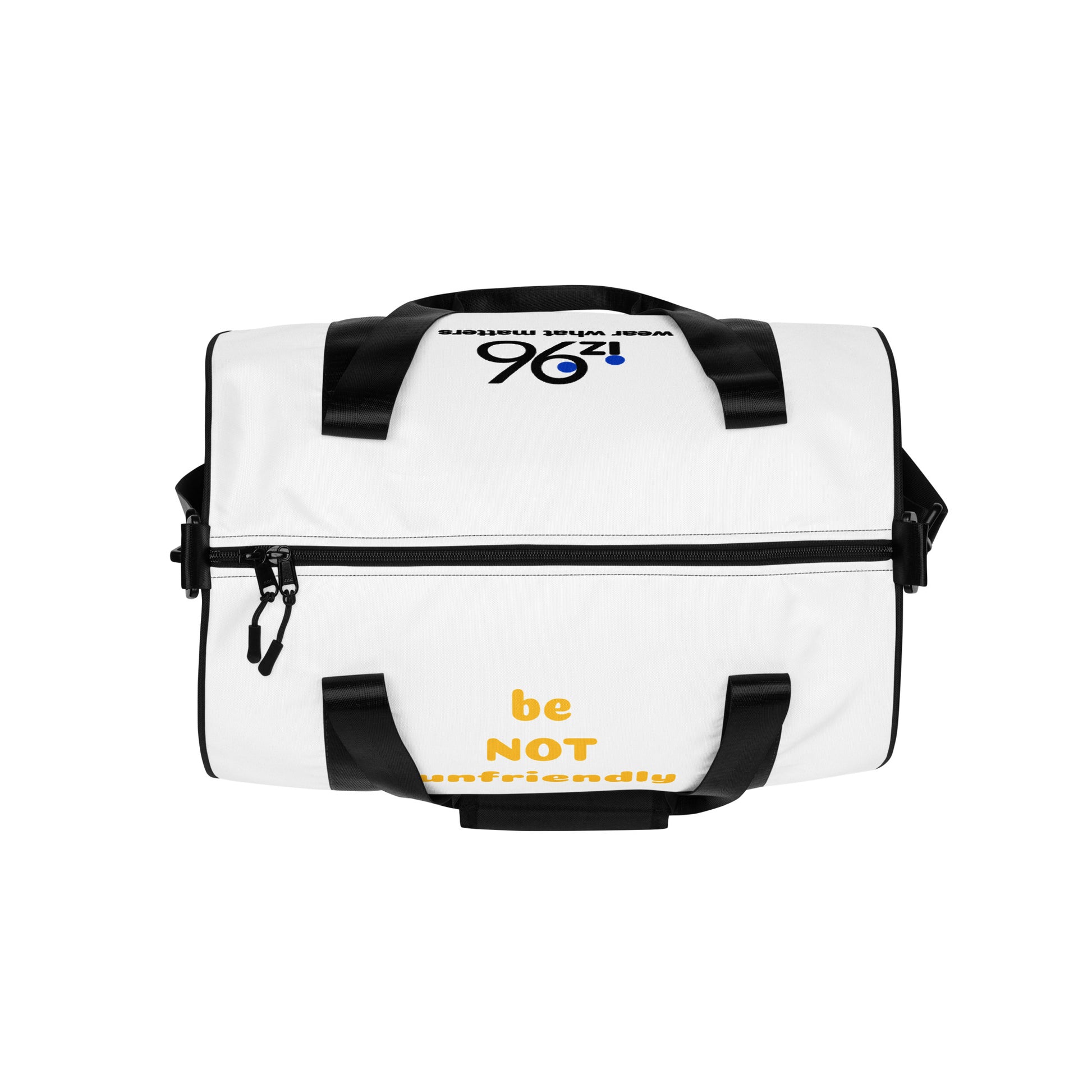 White duffel bag with black straps and text on a white background