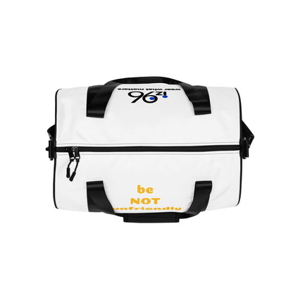 White duffel bag with black straps and text on a white background