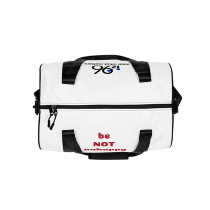 White duffel bag with black handles and text on a white background