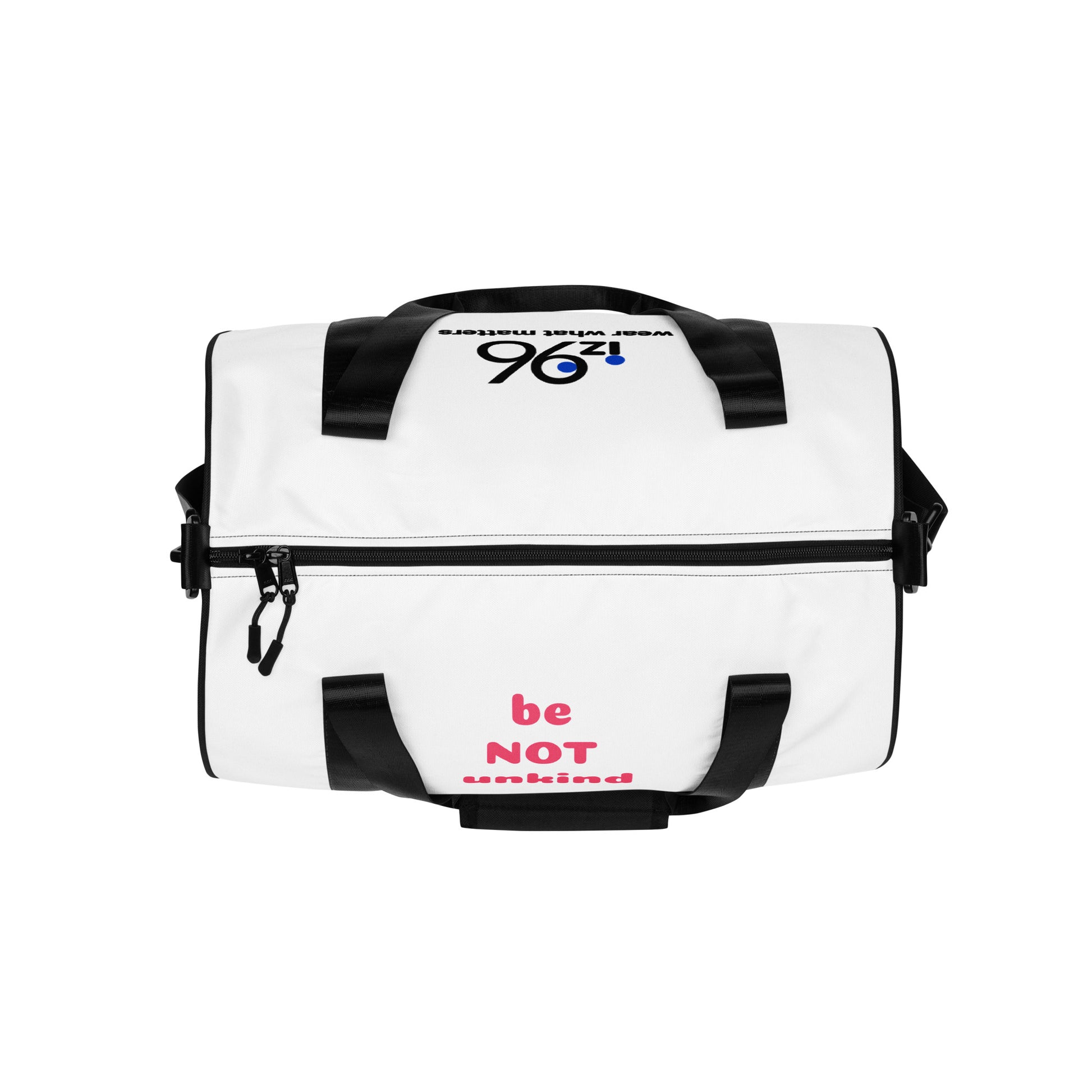 Person holding a white duffel bag with 'iz96' branding on a white background