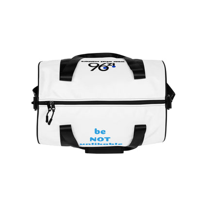 White duffel bag with black straps and black logo and blue text on a white background